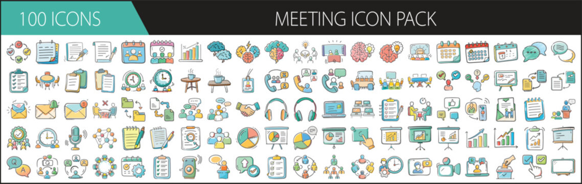 Meeting Icon Pack with 100 Business and Collaboration Elements - A professional set of 100 cartoon-style meeting icons, featuring calendars, teams, presentations, video calls, and collaboration tools 