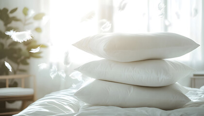 Stack of white pillows with feathers gently flying around in a bright, cozy bedroom. Promotional image for soft, comfortable pillows