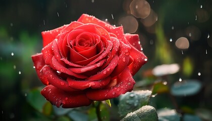 a single rain kissed red rose blooms