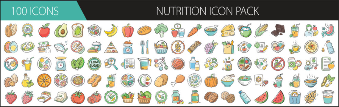 Nutrition Icon Pack with 100 Healthy Food and Diet Elements - A colorful collection of 100 cartoon-style nutrition icons, featuring fruits, vegetables, meals, supplements, drinks, and dietary symbols 