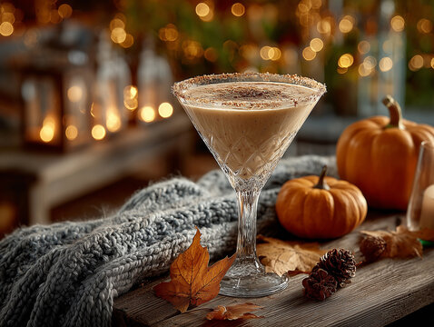 Delicious autumn cocktail served in elegant glass on cozy table decorated with pumpkins and fall leaves