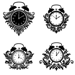 Set of elegant black and white floral ornaments featuring stylized alarm clocks for decoration