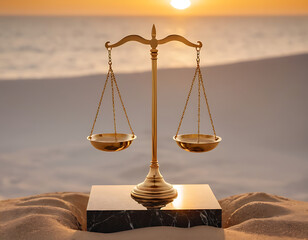 Golden scale of justice on a beach at sunset symbolizing balance