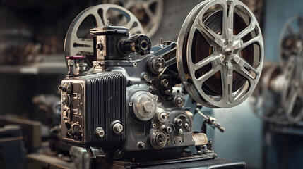Fototapeta premium Vintage film projector with reels and detailed mechanisms