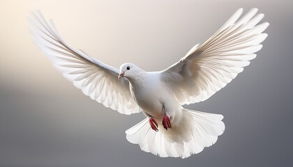 Obraz premium stunningly detailed image of a white dove in flight wings fully spread against a soft white background symbolizing peace and hope