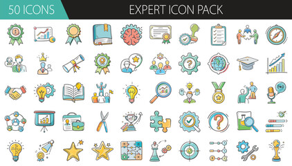 Expert Icon Pack with 50 Skill, Knowledge, and Achievement Symbols - A colorful set of 50 cartoon-style expert icons, including awards, certificates, ideas, skills, and education tools for professiona
