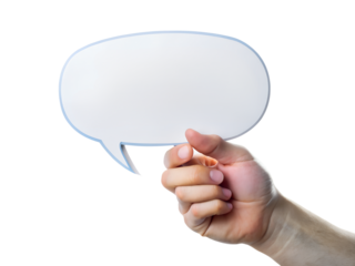 hand holding a speech bubble isolated on white background. PNG Transparent file type with high definition quality And vibrant color grading Available.