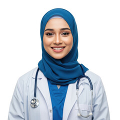 Smiling muslim female doctor wearing a blue hijab and white lab coat with a stethoscope around her neck against a black background