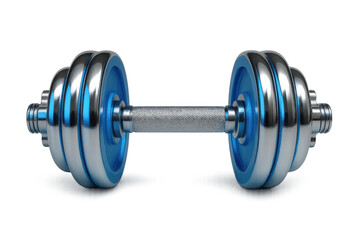 Naklejka premium Chrome dumbbell with blue weights isolated on transparent background, perfect for fitness and workout visuals