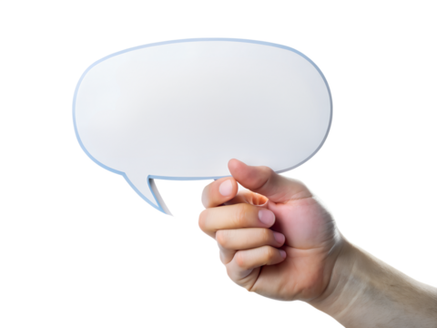 hand holding a speech bubble isolated on white background. PNG Transparent file type with high definition quality And vibrant color grading Available.