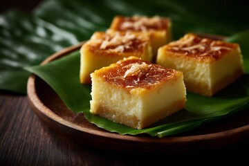 Thai style coconut custard squares banana leaf traditional dessert close up tropical food photography