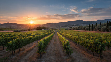 stunning sunset over lush vineyards in italy with rolling hills and vibrant colors illuminating sky