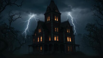 Haunted old victorian house under lightning storm - Powered by Adobe