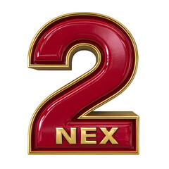 Luxurious red number two with gold trim isolated on transparent background