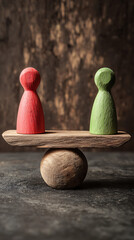 Red and green figures balanced on a wooden seesaw image