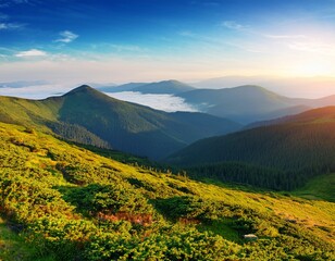 Fototapeta premium mountain landscape of ukrainian alps in summer peaceful nature scenery morning scenery with fog in the distant valley forest on the steep slope of chornohora ridge outdoor adventure