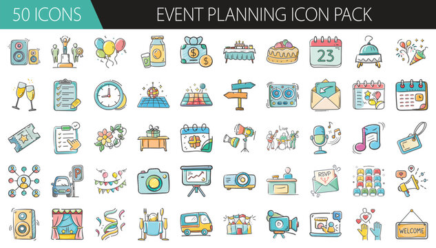 Event Planning Icon Pack with 50 Festive Elements - A playful set of 50 cartoon-style event planning icons, featuring decorations, schedules, food, music, and party essentials for creative projects.