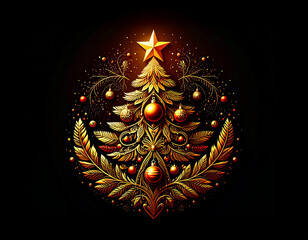 Golden Christmas tree illustration on dark background with many decorative branches, decorations, stars.