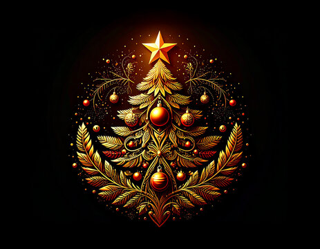 Golden Christmas tree illustration on dark background with many decorative branches, decorations, stars.