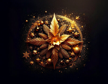 Golden Christmas table decoration on dark background with many decorative branches, decorations, stars and four candles.