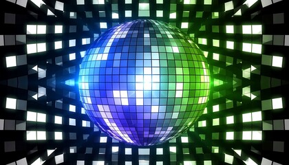 Colorful disco ball in a dark, gridded space