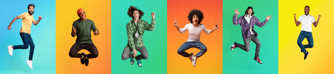 A diverse group of happy individuals is jumping in celebration against vibrant, colorful...