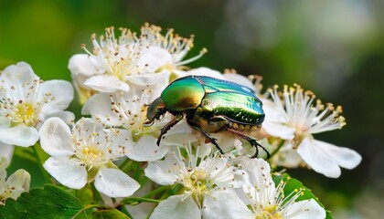 rose chafer beetle or cetonia aurata on blooming hawthorn flower green beetle close up