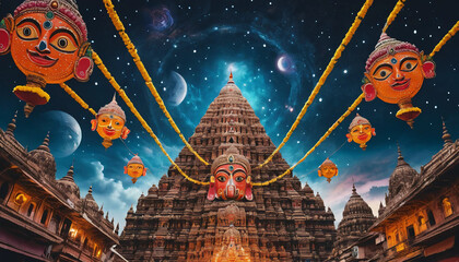 Jagannath, Balabhadra, and Subhadra floating through the sky above a surreal city, surrounded by glowing garlands and cosmic patterns, viewed from below by glowing pilgrims