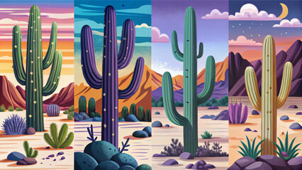 Set of Saguaro National Park East at sunset time, Tucson, Arizona amazing sky and Group of Tall Saguaro Cactus Plants collection