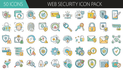 Web Security Icon Pack with 50 Colorful Designs - Set of 50 hand-drawn web security icons, including locks, shields, passwords, firewalls, and protection symbols for tech and cybersecurity design. 