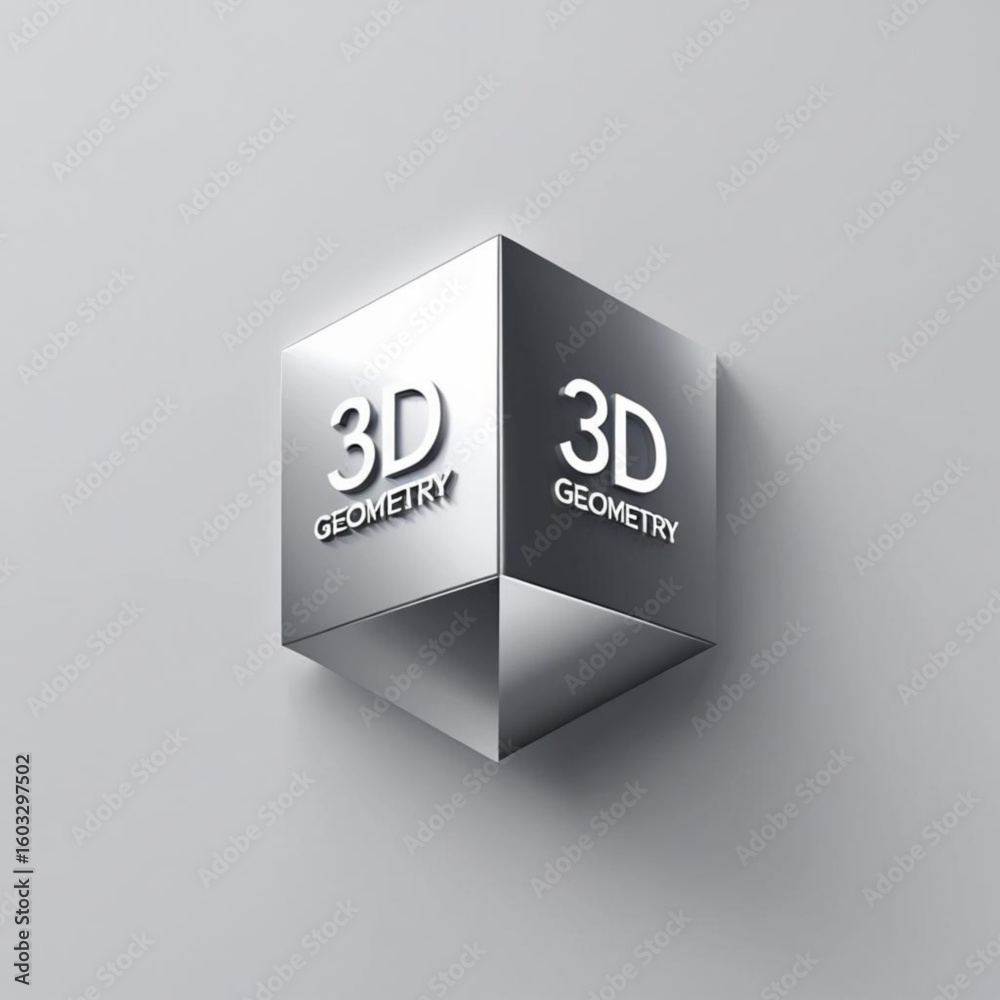 Fototapete Metallic cube displaying three dimensional geometry text on multiple faces in a modern presentation style image