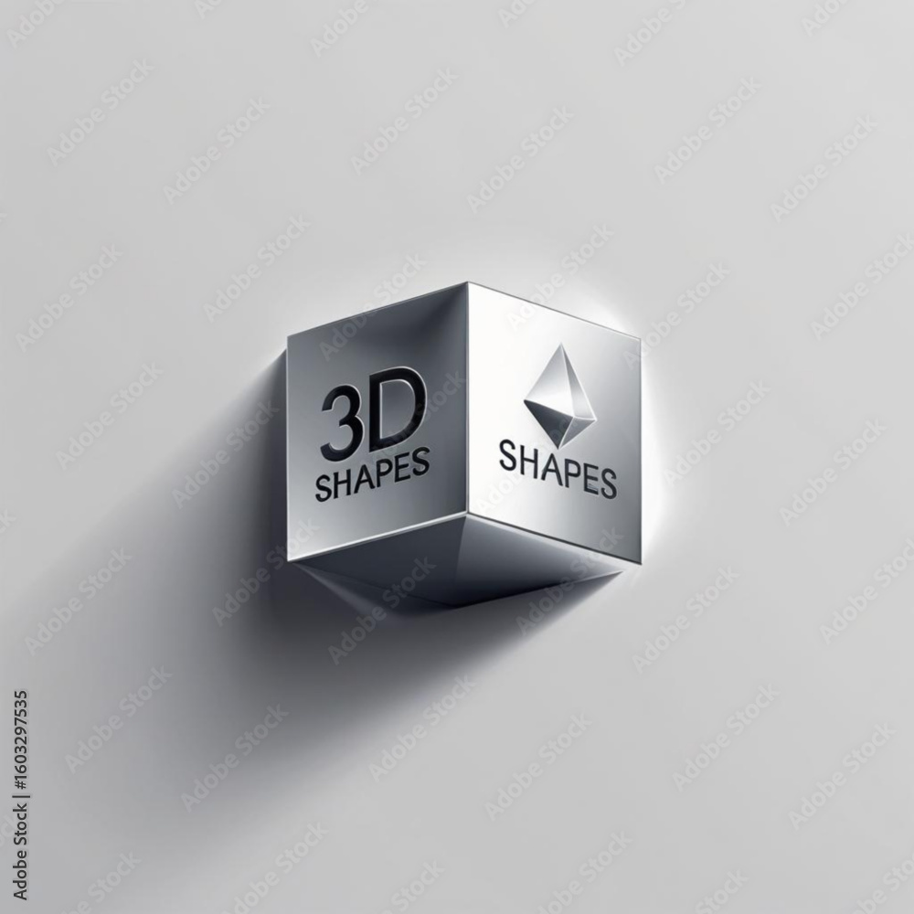 Aufkleber Silver cube with three dimensional text and geometric figure on a light gray colored surface design illustration