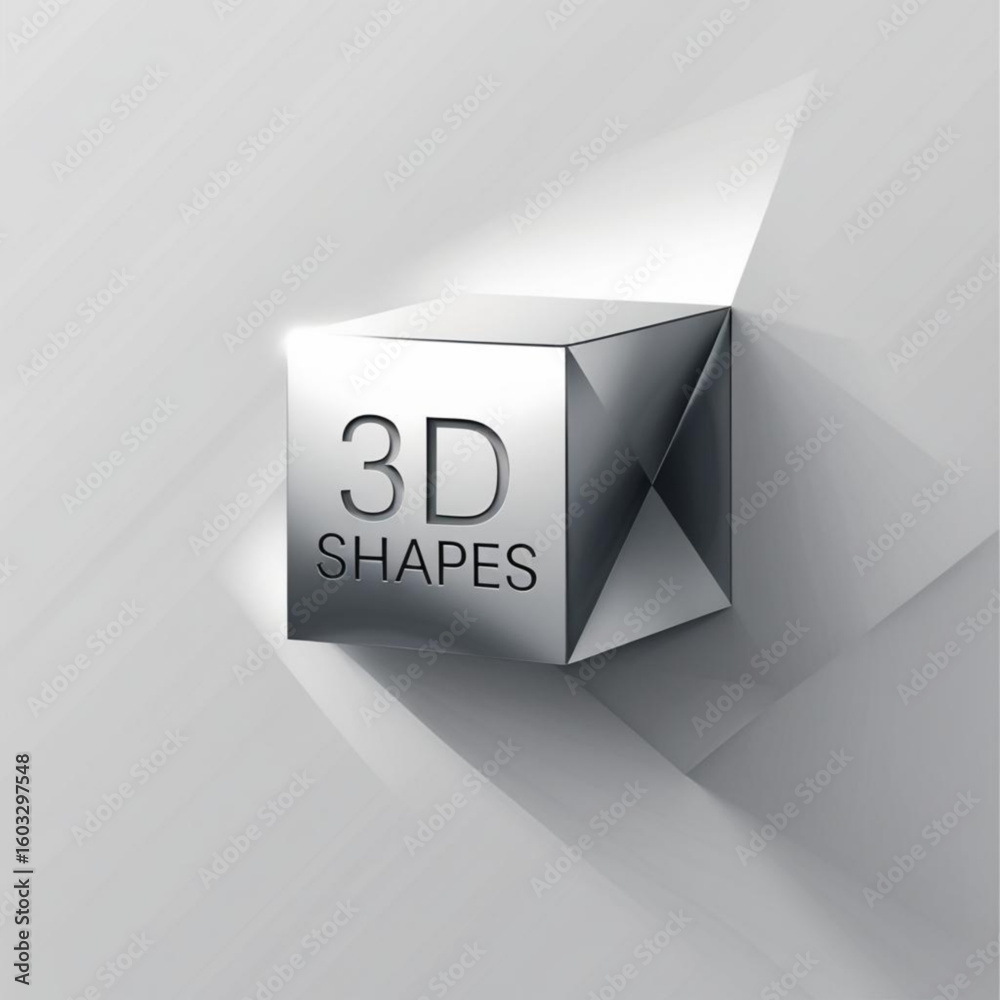 Aufkleber Metallic cube displaying three dimensional shapes with soft shadow on a light colored surface design