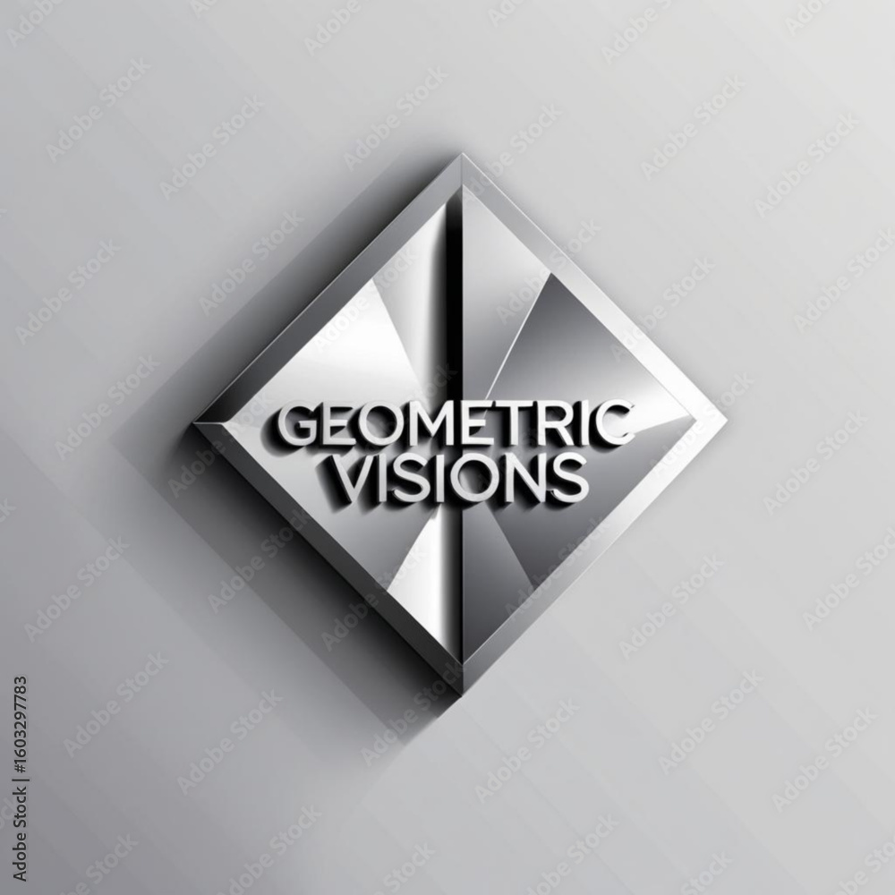Fototapete silver diamond shape with geometric facets and text overlay on a soft gray gradient surface design e