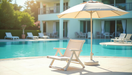 Deck chair and umbrella by serene swimming pool in sunny environment  