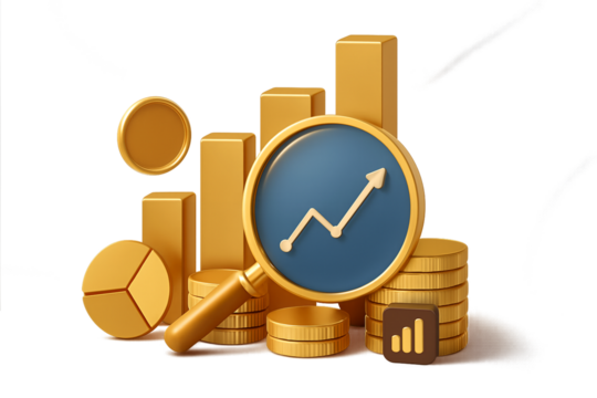 Financial Growth and Investment Illustration with Gold Bars, Pie Chart, Coins, Magnifying Glass, and Upward Graph – Transparent PNG for Market Analysis