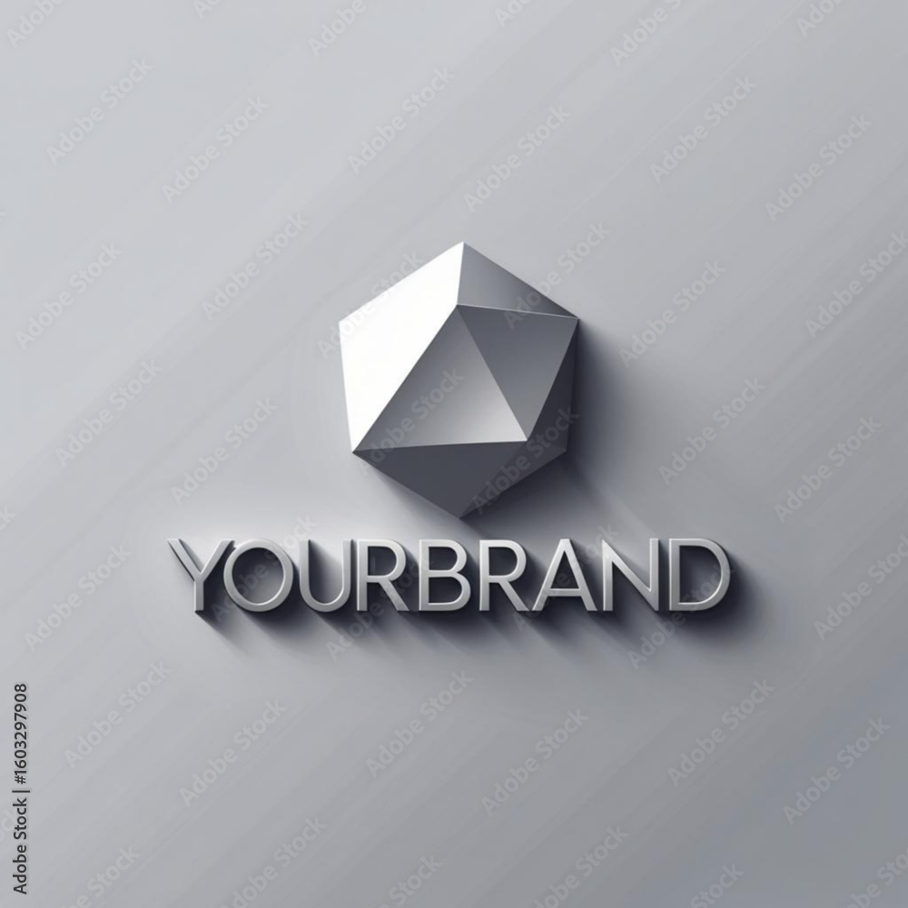 Poster geometric object above yourbrand text with shadow on a plain surface in a neutral color scheme desig