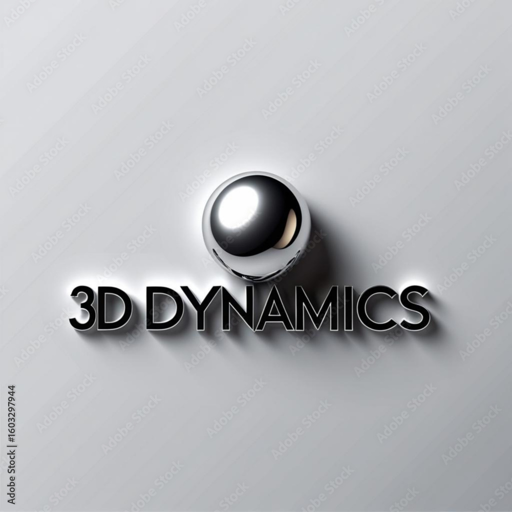 Poster metallic sphere casting shadow over three dimensional dynamics text on a light toned surface view fr