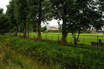 Green ditch ad row of trees at the suburbs of Bruges, West Flanders, Belgium