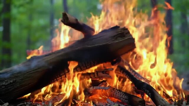 Vibrant campfire burns brightly in forest clearing with large log on fire