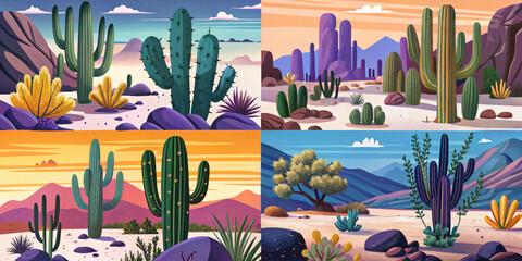 Set of Saguaro National Park East at sunset time, Tucson, Arizona amazing sky and Group of Tall Saguaro Cactus Plants collection