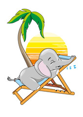 Baby elephant is sleeping on the deck chair under the palm tree