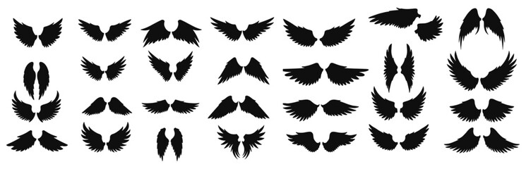 Obraz premium Vector art of collection of black silhouette angel wings in various designs