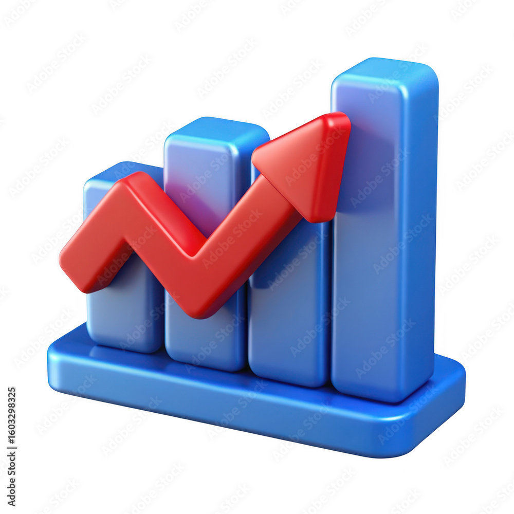 Poster 3d bar graph with arrow on transparent background