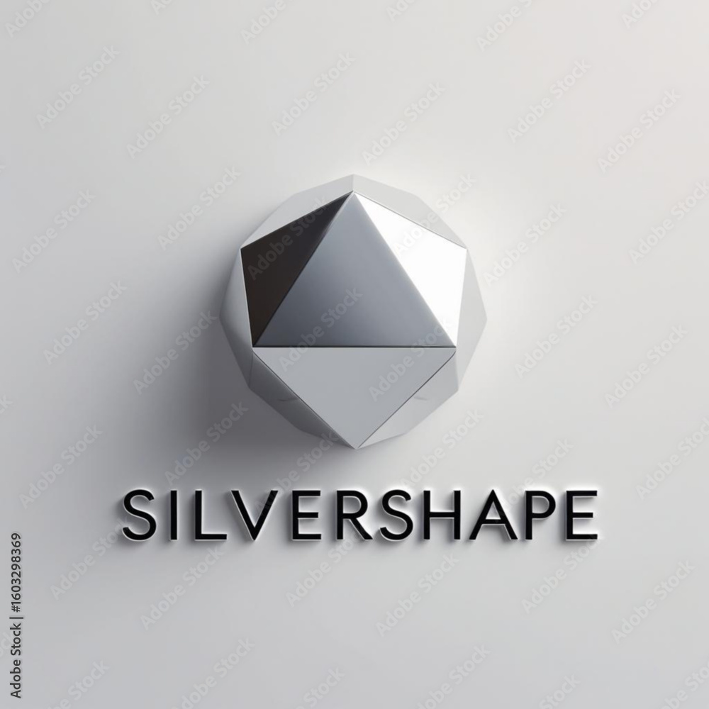 Poster Polygonal metallic object with facets casting shadow on a plain surface with text below it shown clearly