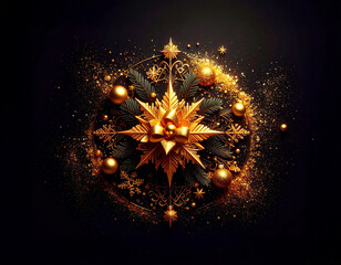 Golden Christmas table decoration on dark background with many decorative branches, decorations, stars and four candles.