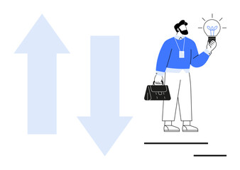 Man holding lightbulb idea in one hand and briefcase in the other, next to upward and downward arrows. Ideal for business, innovation, growth, decision-making, leadership, strategy career. Simple