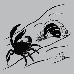 Crab building burrow on beach silhouette vector design art and illustration