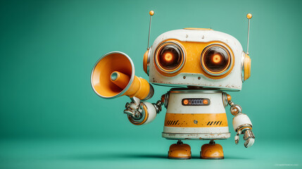 Robotic Messenger: A charming robot figure, wielding a megaphone, captivates with its blend of vintage design, symbolizing communication.