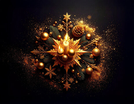 Golden Christmas table decoration on dark background with many decorative branches, decorations, stars and four candles.